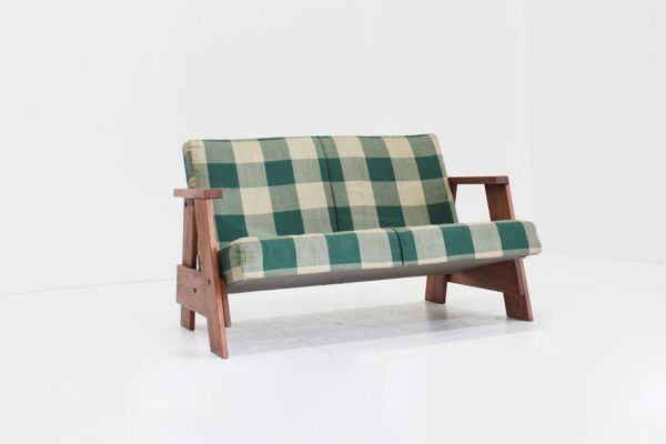 Canapé vintage en tissu à carreaux et bois, Italie