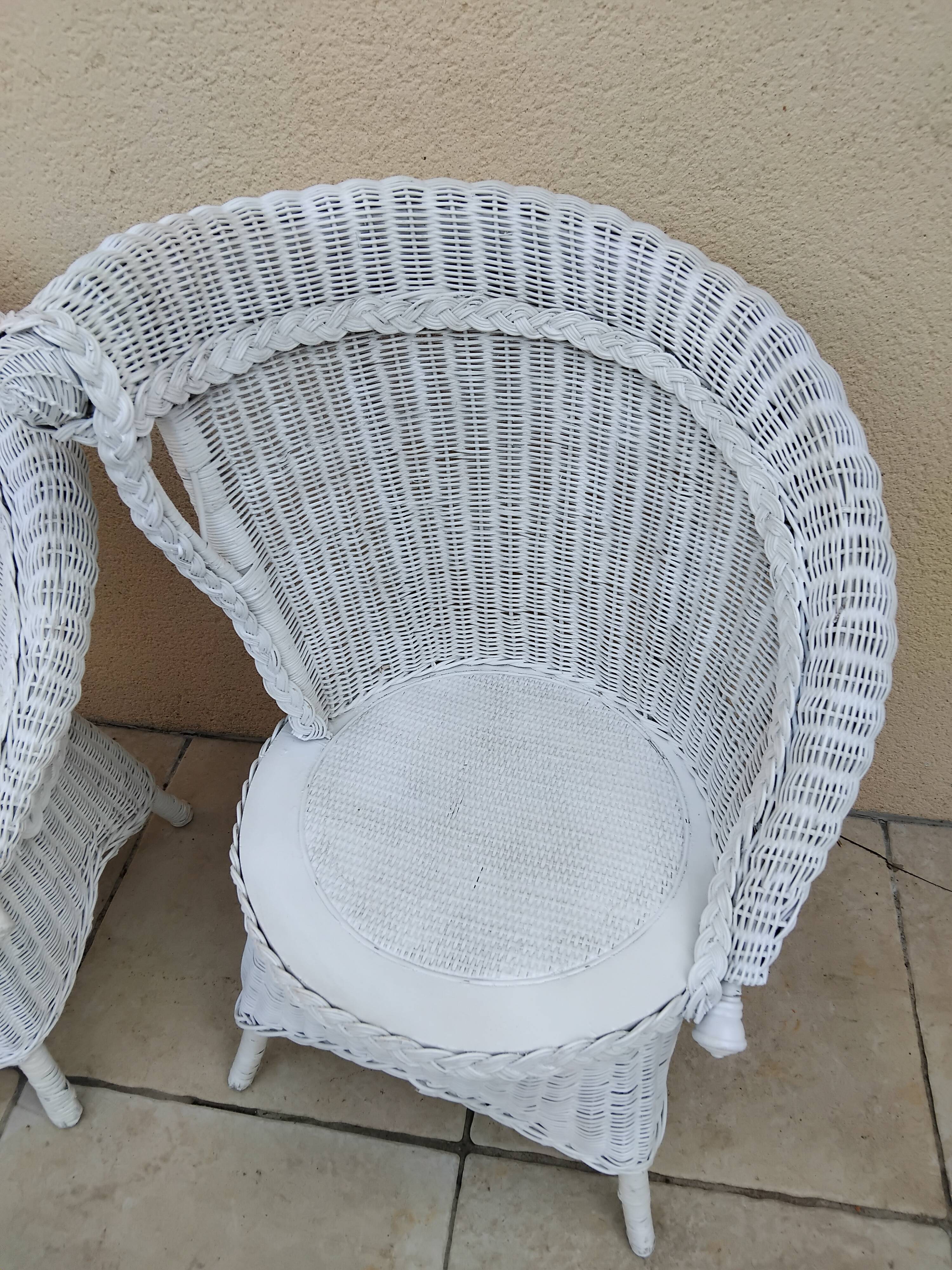 Pair of vintage art deco white rattan wicker armchairs
