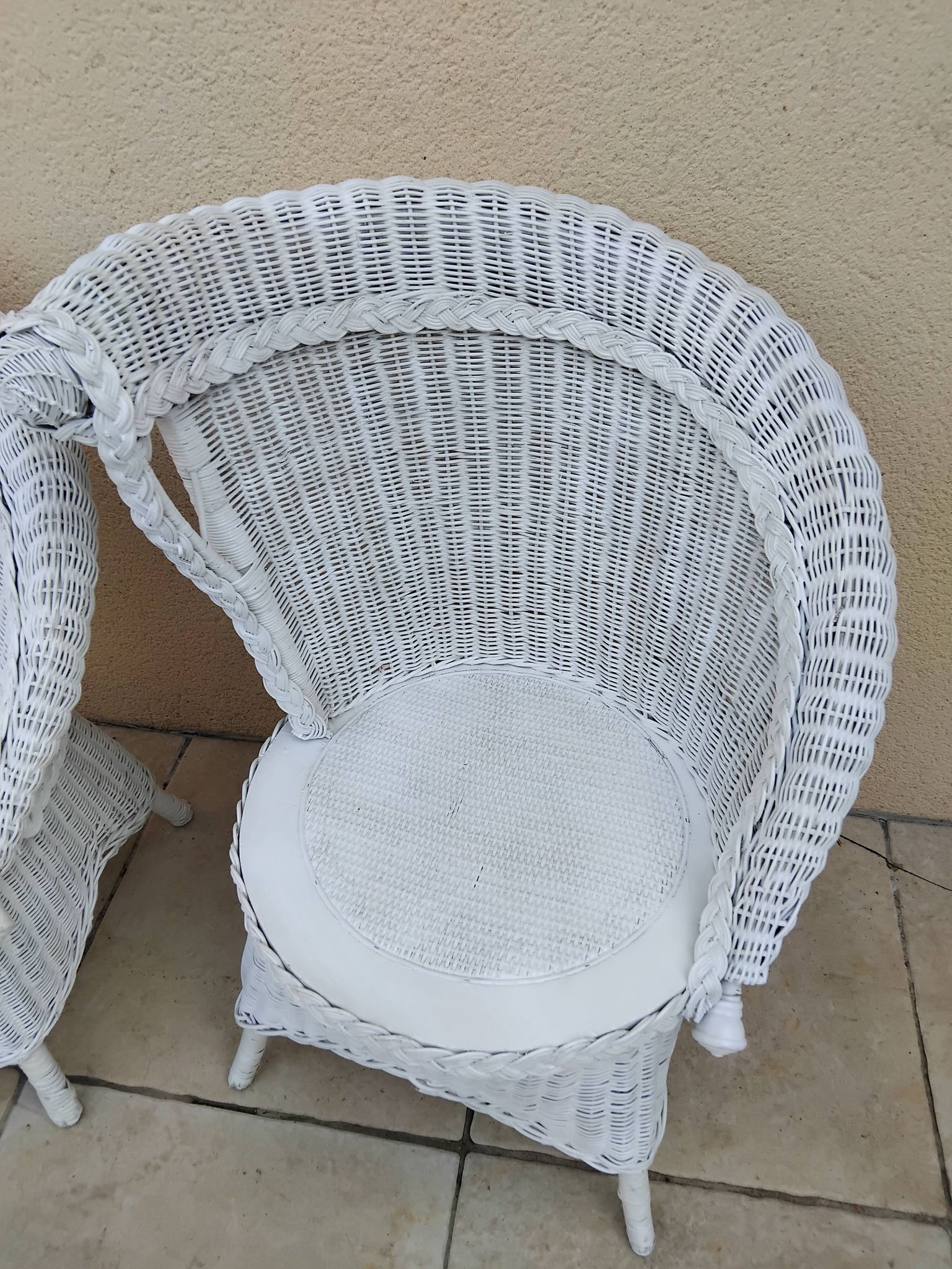 Paire de fauteuil en osier rotin blanc art deco vintage