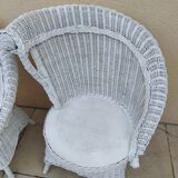 Pair of vintage art deco white rattan wicker armchairs