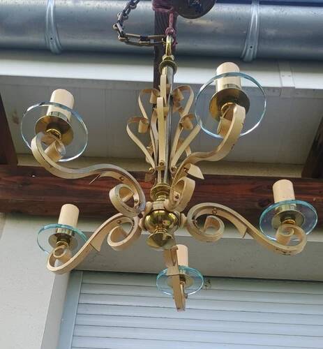 Luminaire Art déco Magnifique Lustre 5 feux disques verre DLG SUBES ADNET LELEU