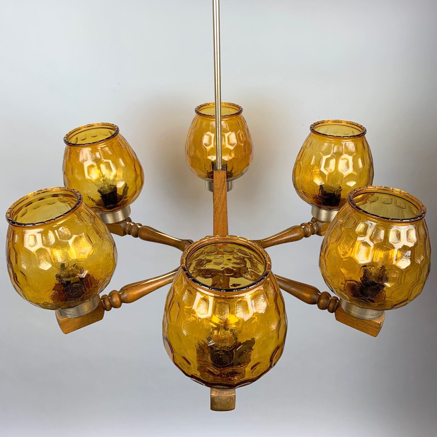 Mid Century Wood and Glass Chandelier, 1970's