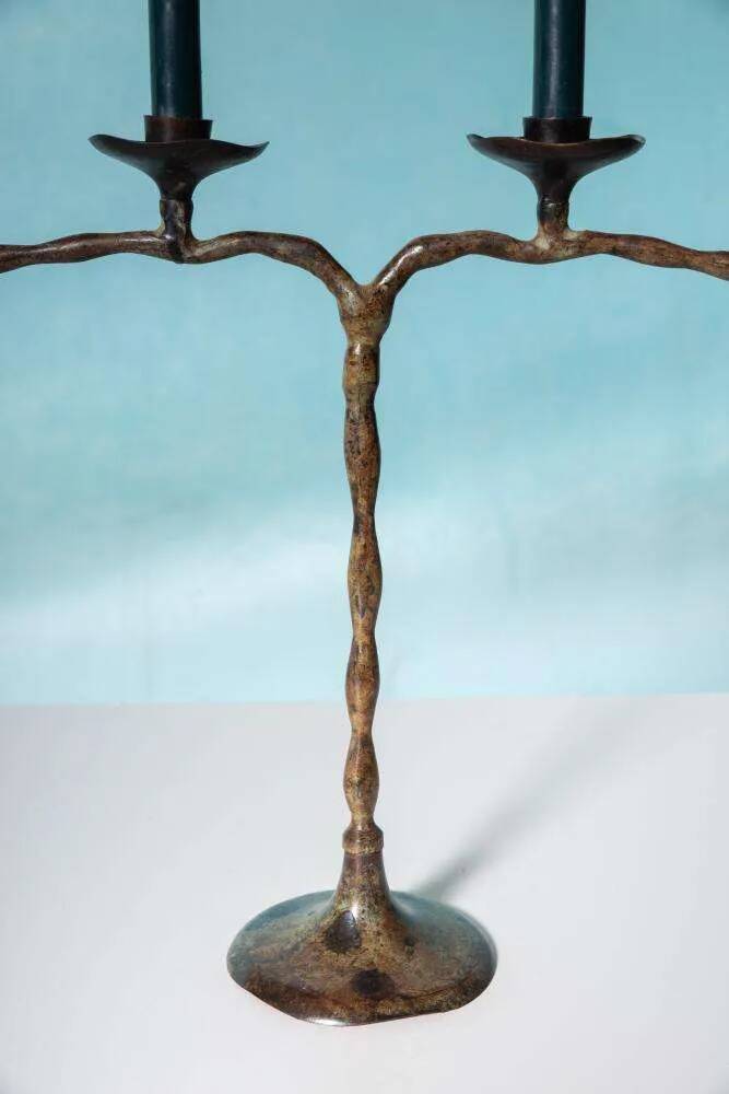 Vintage 1960s chandelier, patinated bronze Japandi chandelier.