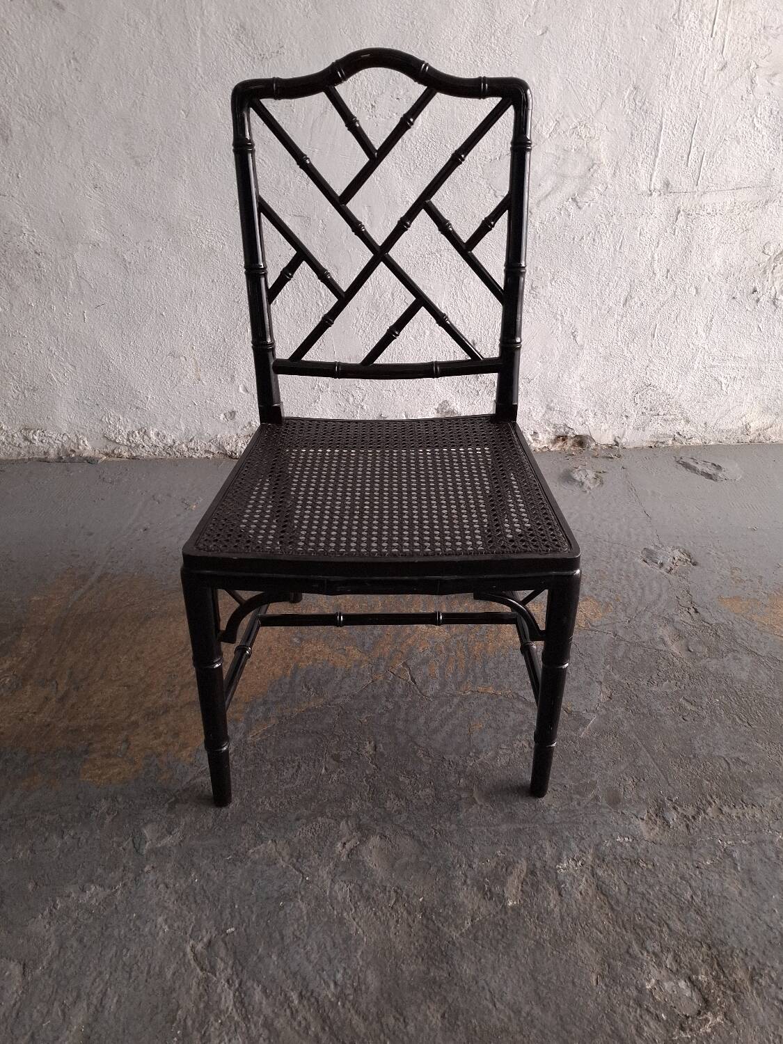 Black lacquered chair, faux bamboo, Chippendale, Jonathan Adler