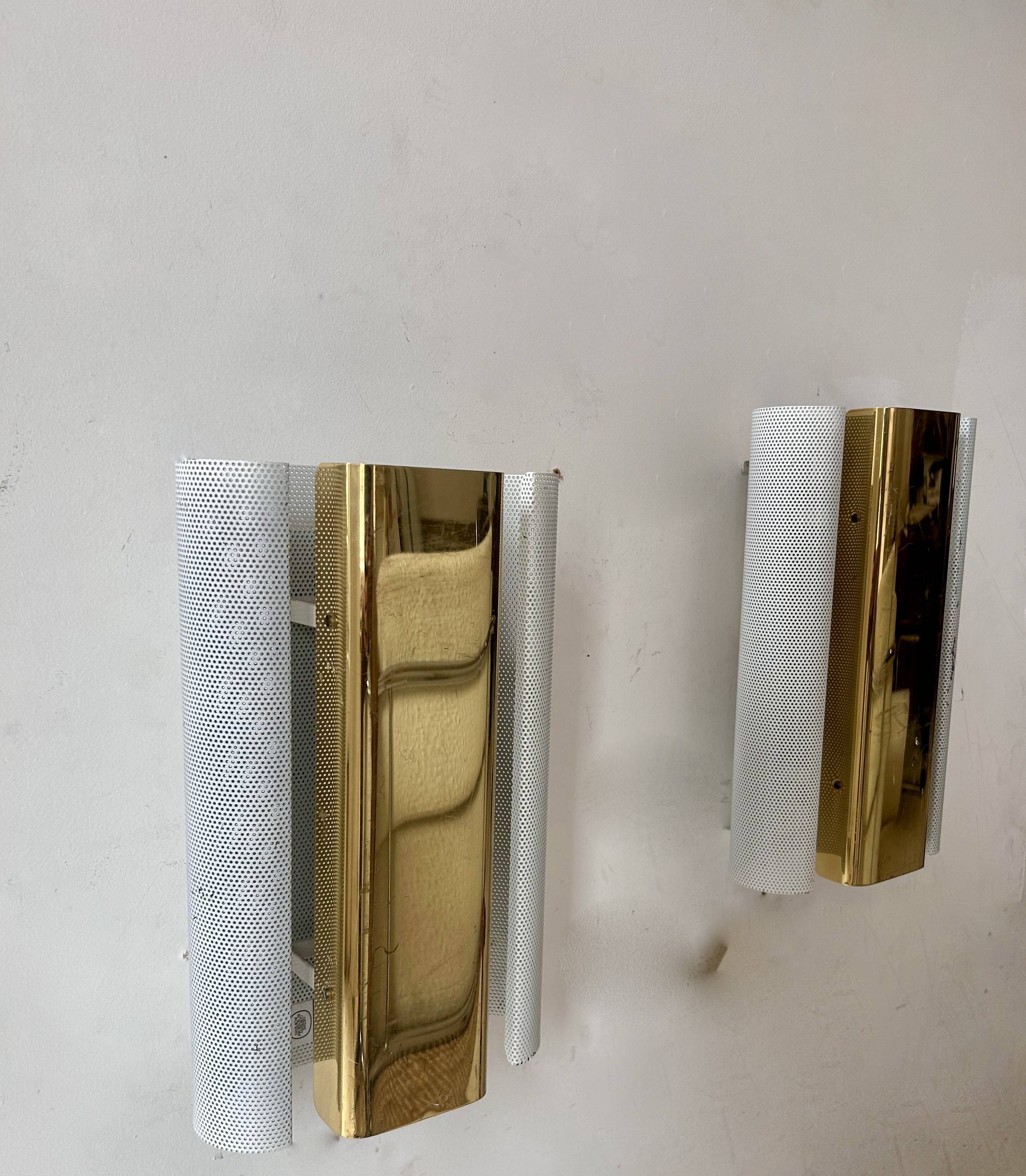 Pair of vintage wall lights, brass and white perforated metal, Hans Agne Jakobsson