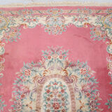 Chinese fringed wool rug with floral pattern on pink background 388x275cm