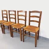 Set of 4 vintage brutalist chairs in wood and straw from the 60s