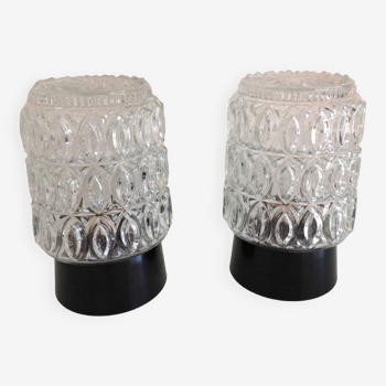 Pair of cylindrical structured glass ceiling lights / vintage 60s-70s