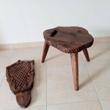 Brutalist tripod chair in carved wood 19th century