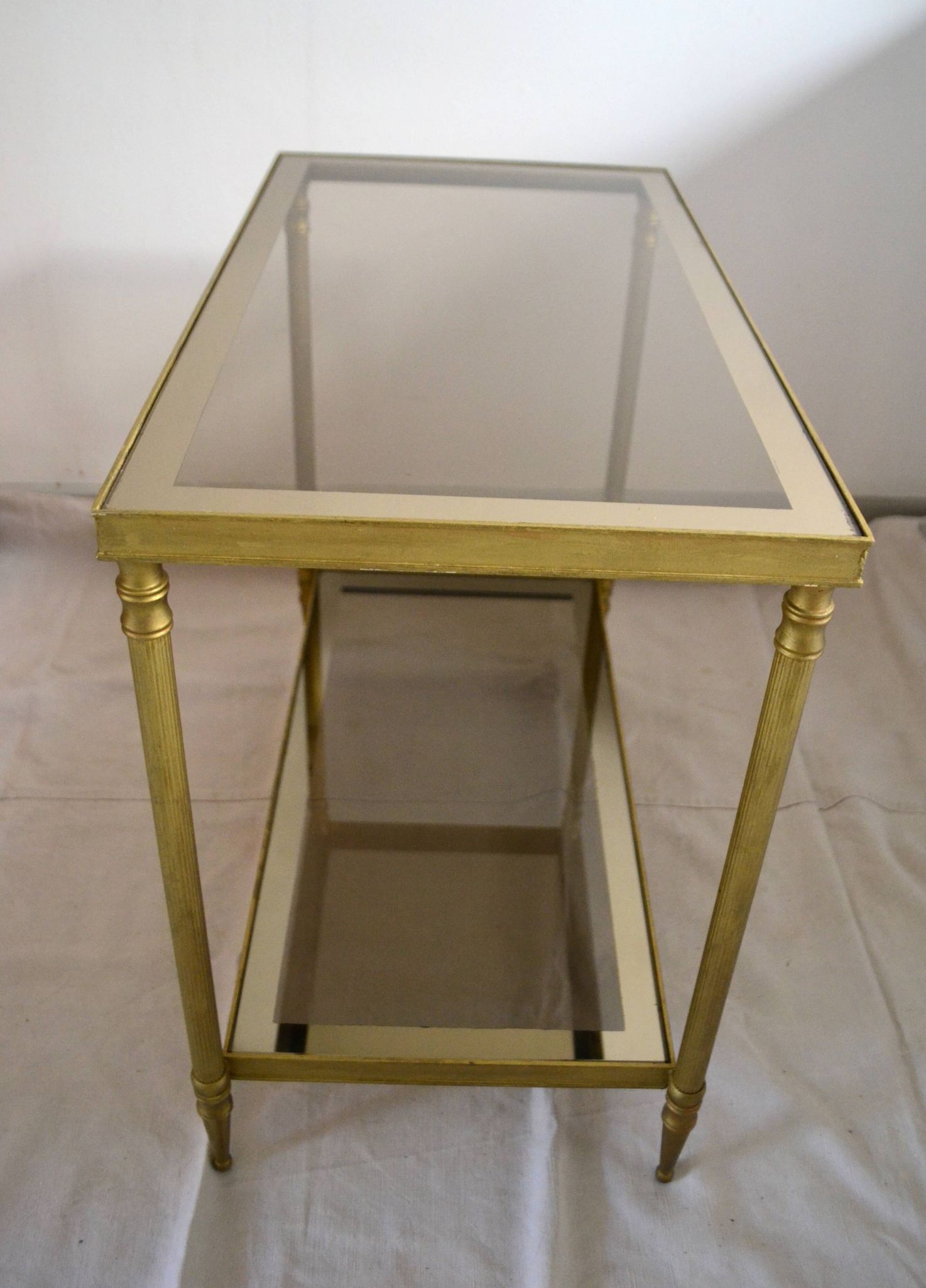 Side table, low table, gold brass, smoked glass, 70s.