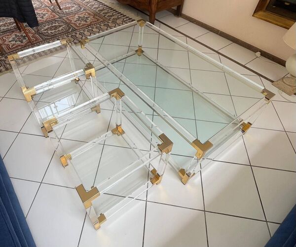 Ensemble salon vintage lucite et laiton – années 70 Table basse & paire de