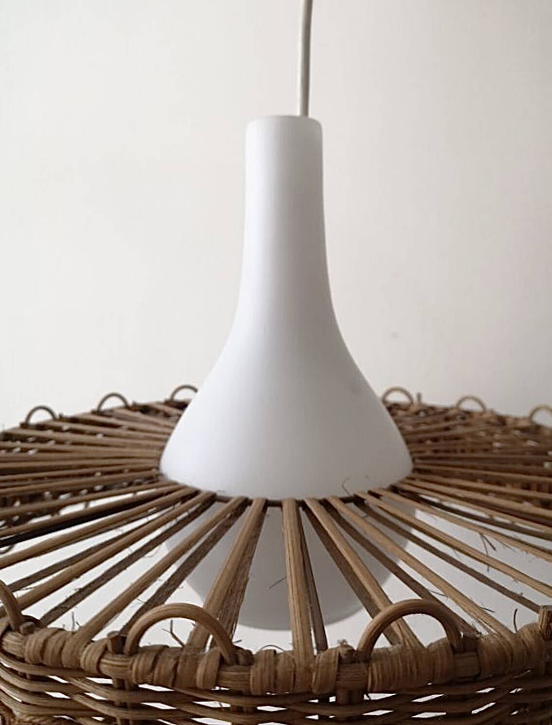 Scandinavian pendant light with rattan dial and opaline smoked glass, 1970