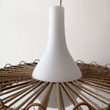 Scandinavian pendant light with rattan dial and opaline smoked glass, 1970