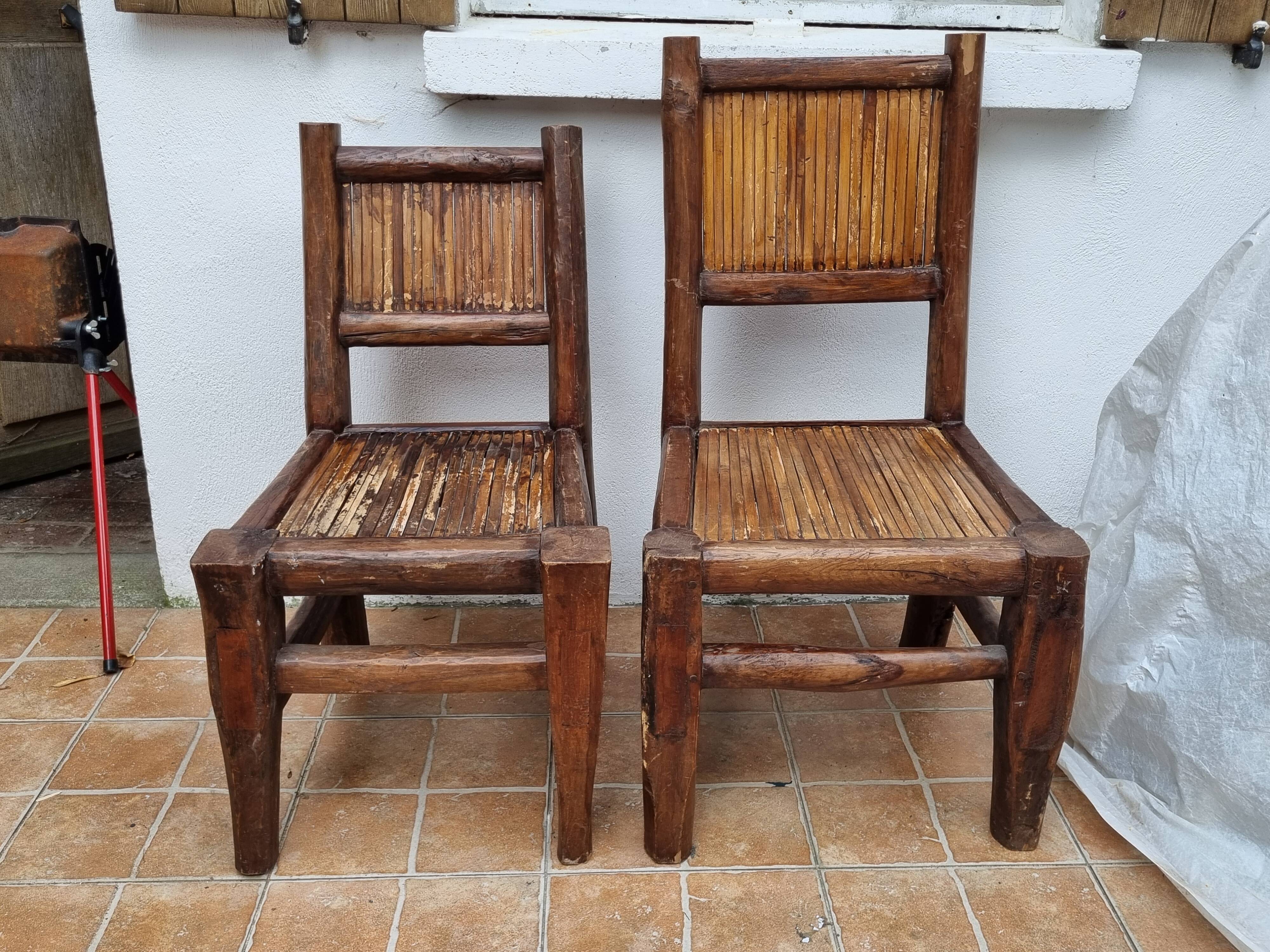 Pair of solid wood and bamboo chairs, brutalist style, 90 cm