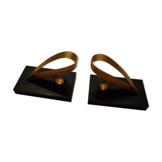 Pair of modernist book clamps "Gold Starry", gilded metal and black stone, vintage 50s