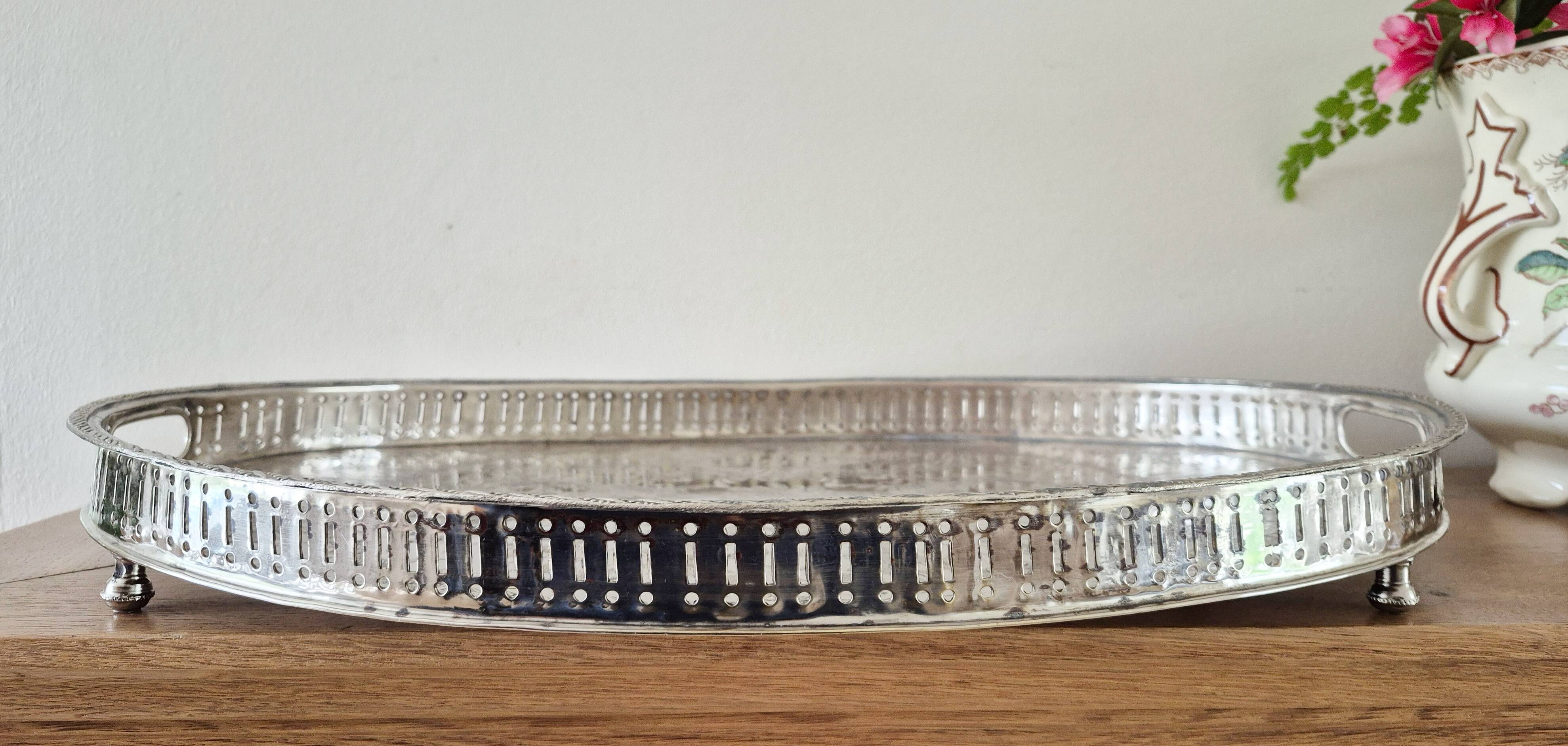 Oval silver-plated metal serving dish