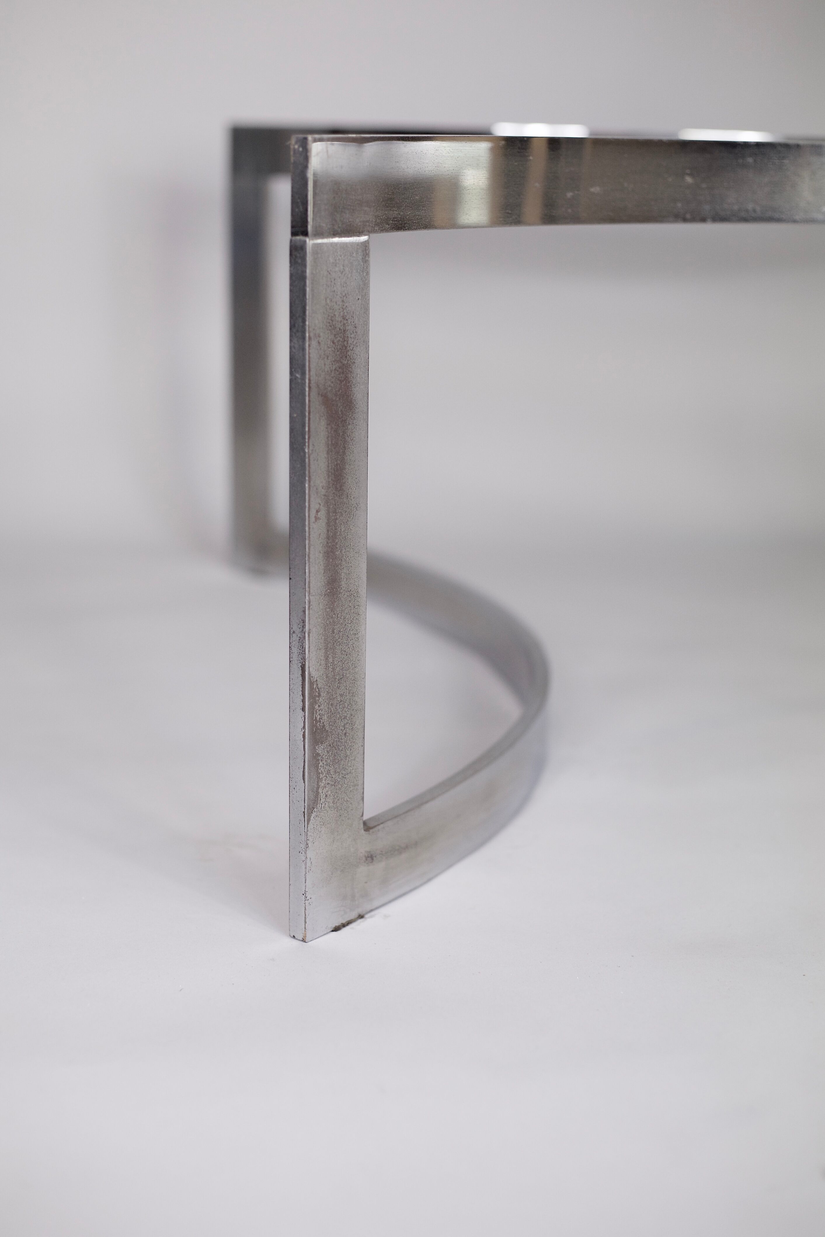 Coffee table published by Dassas, base in chromed steel and thick glass slab, France, 1963