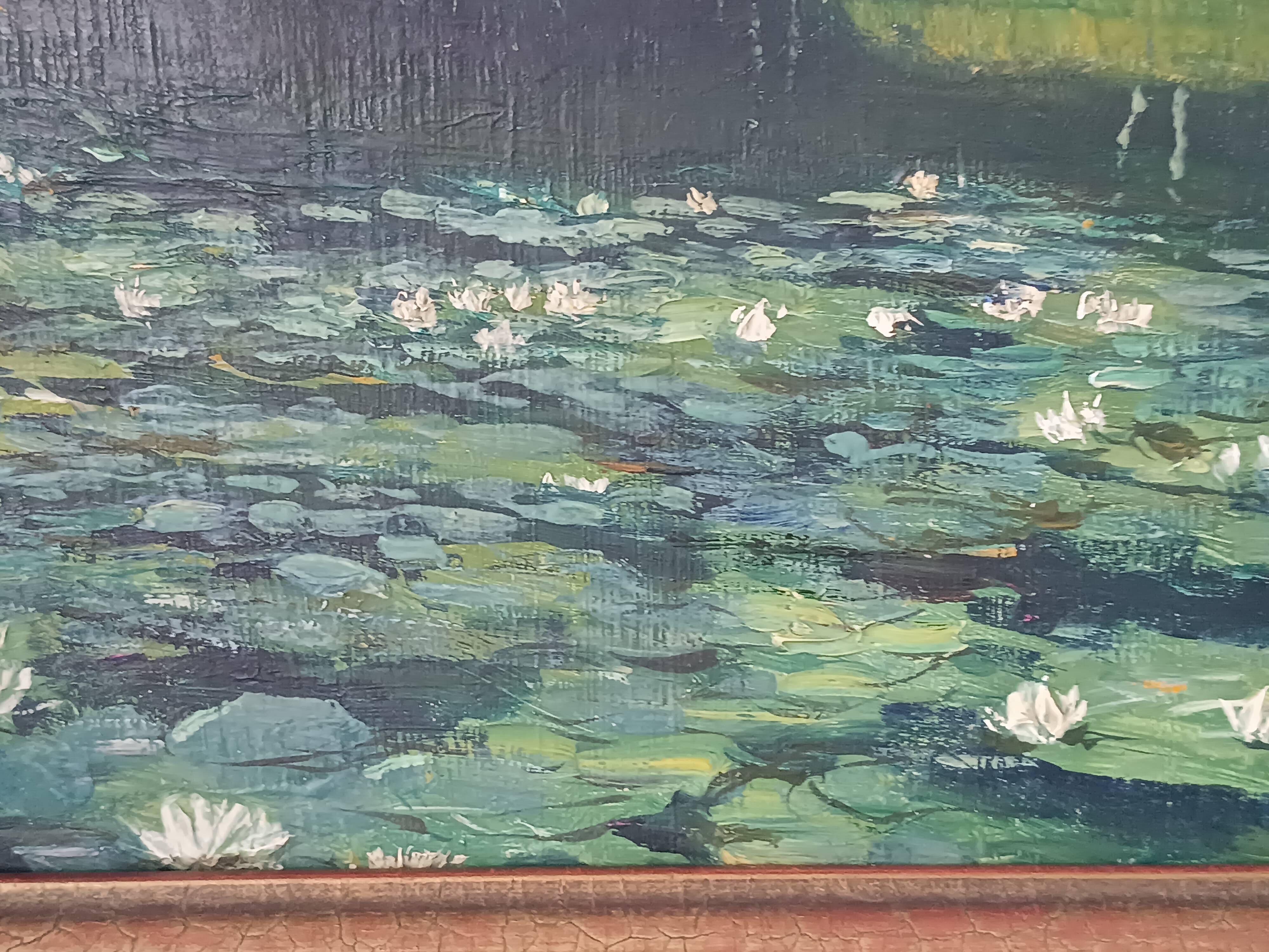 Original oil painting of a landscape with a pond and water lilies by Albert Morhain, 1930.