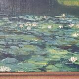 Original oil painting of a landscape with a pond and water lilies by Albert Morhain, 1930.
