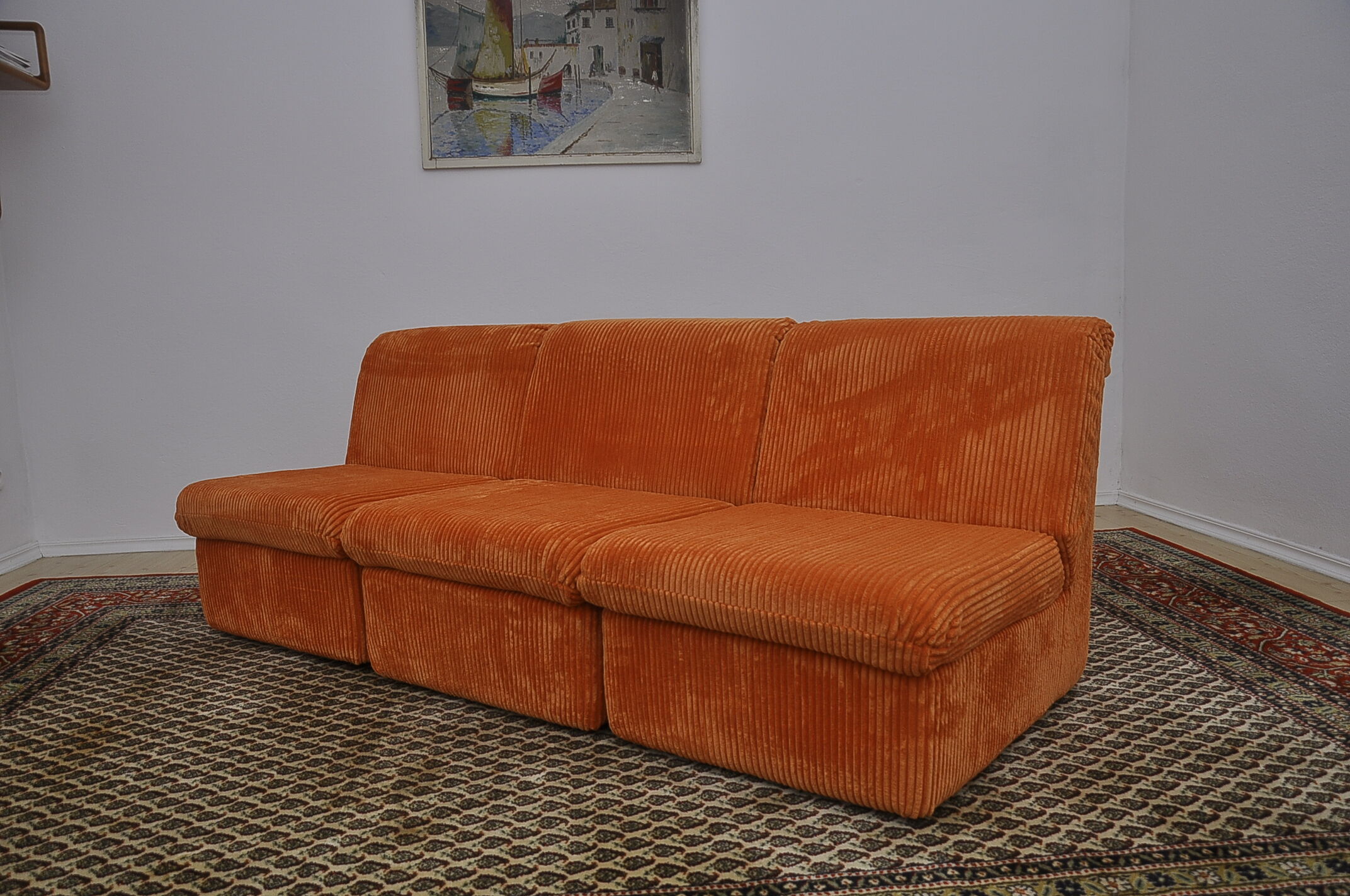 Orange corduroy Modular sofa from the 70's, 3 pieces