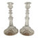 Pair of moulded glass candlesticks, ram heads and masks