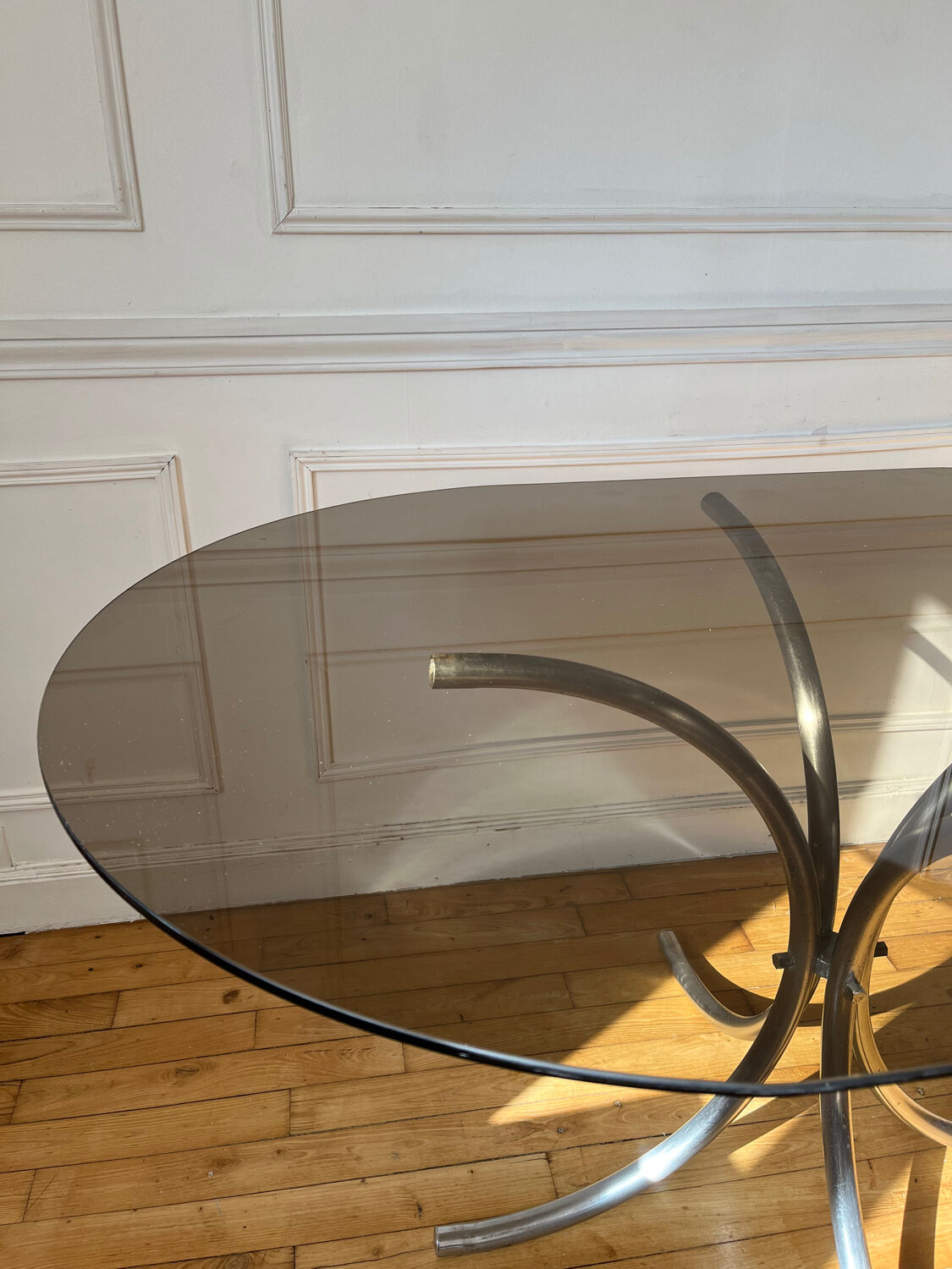 Vintage smoked glass oval dining table