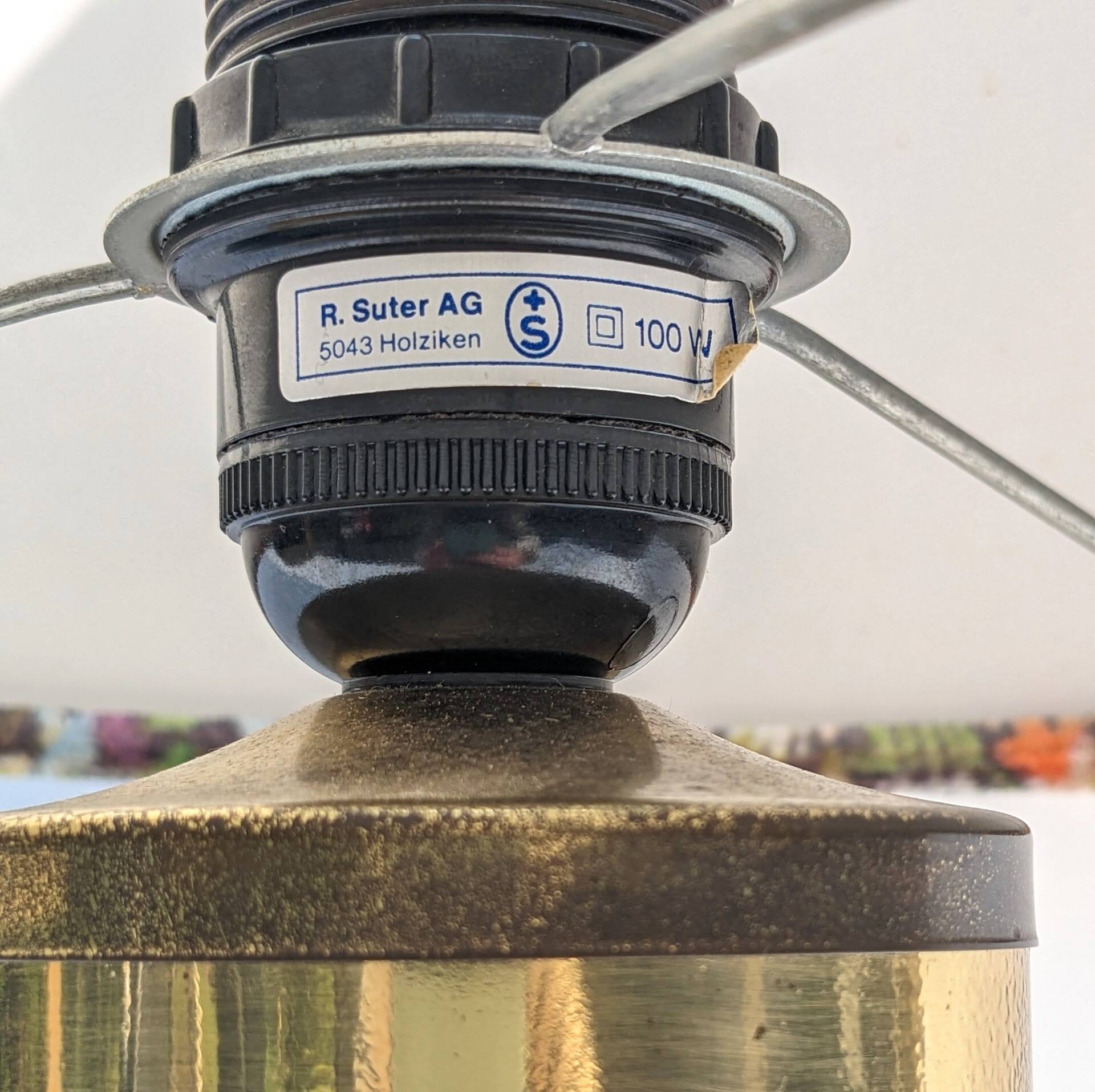 70s brass table lamp with floral velvet shade