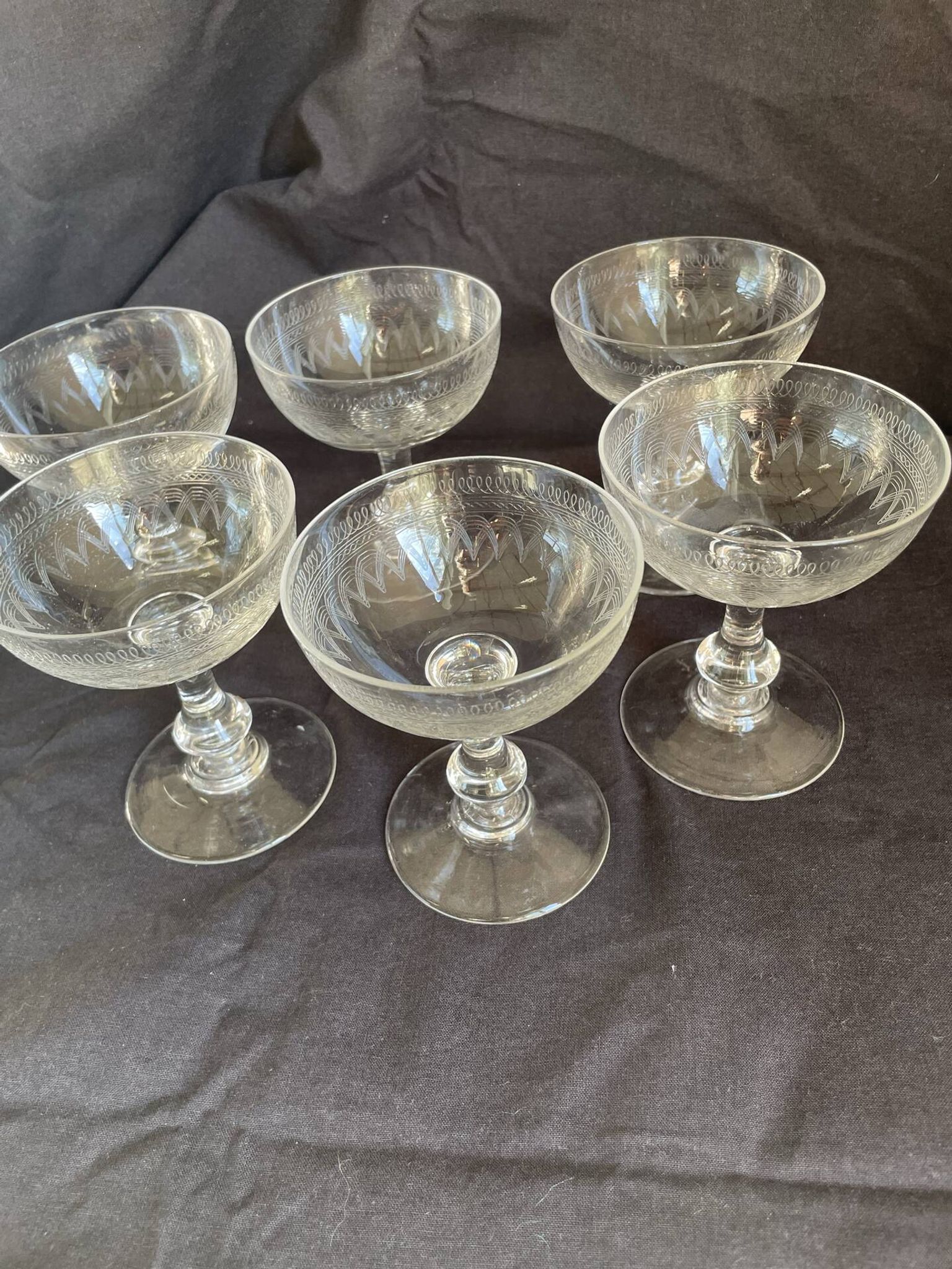 6 Art Deco crystal champagne coupes.