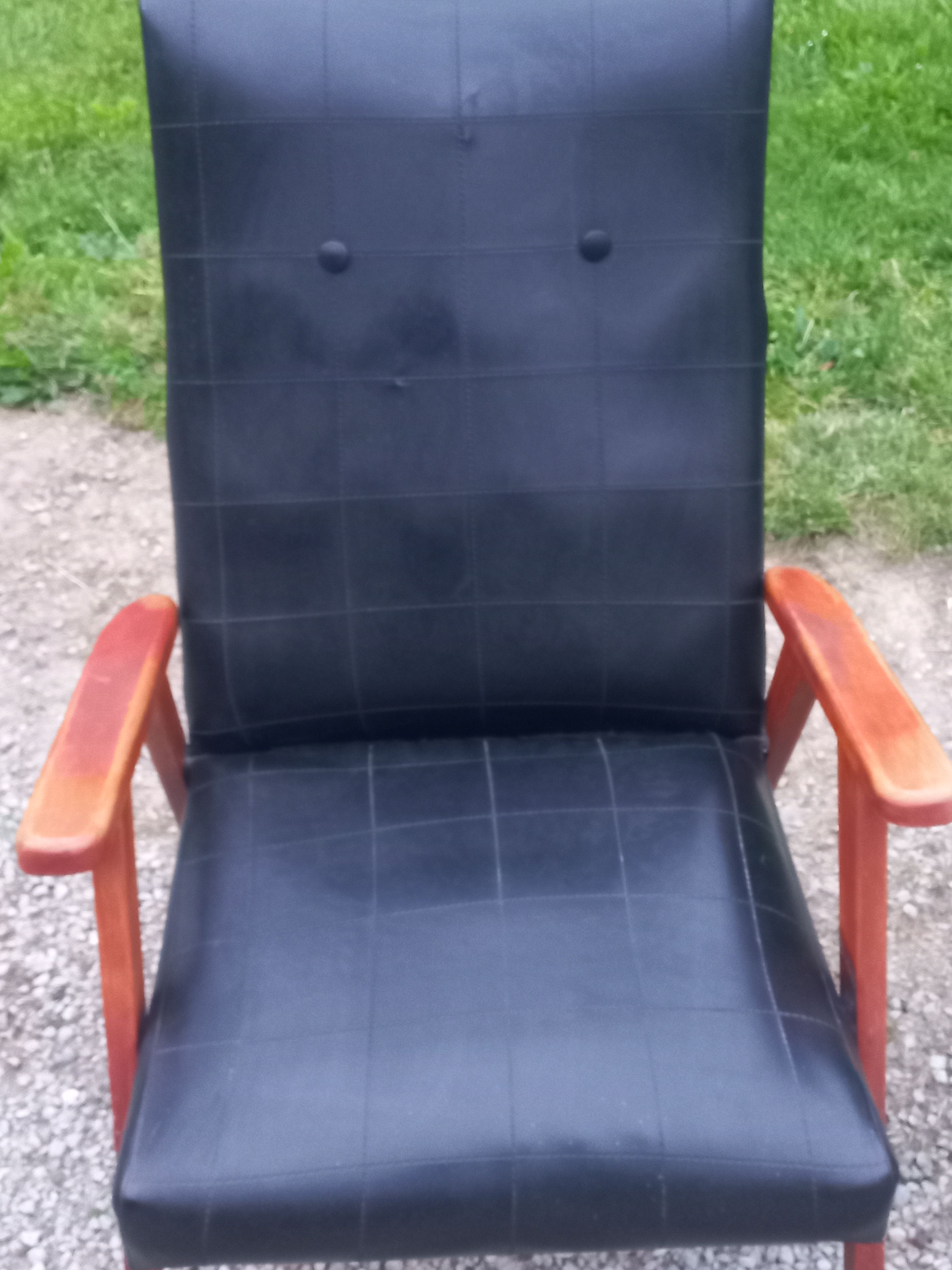 Pair of vintage beech armchairs feet compass covered with black moleskine from the 50s
