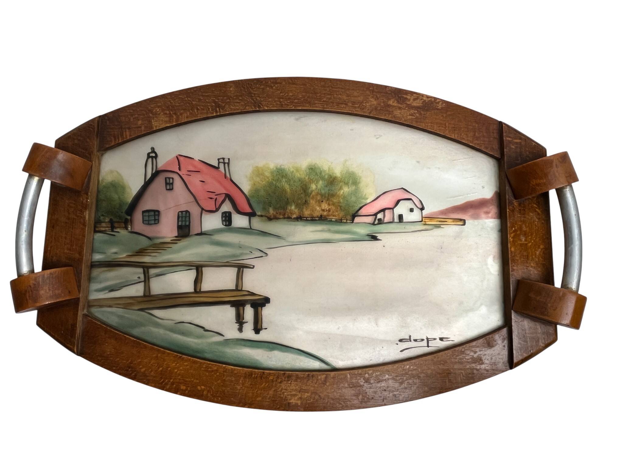 Art Deco, painted glass top, wooden frame, signed Dope, circa 1930