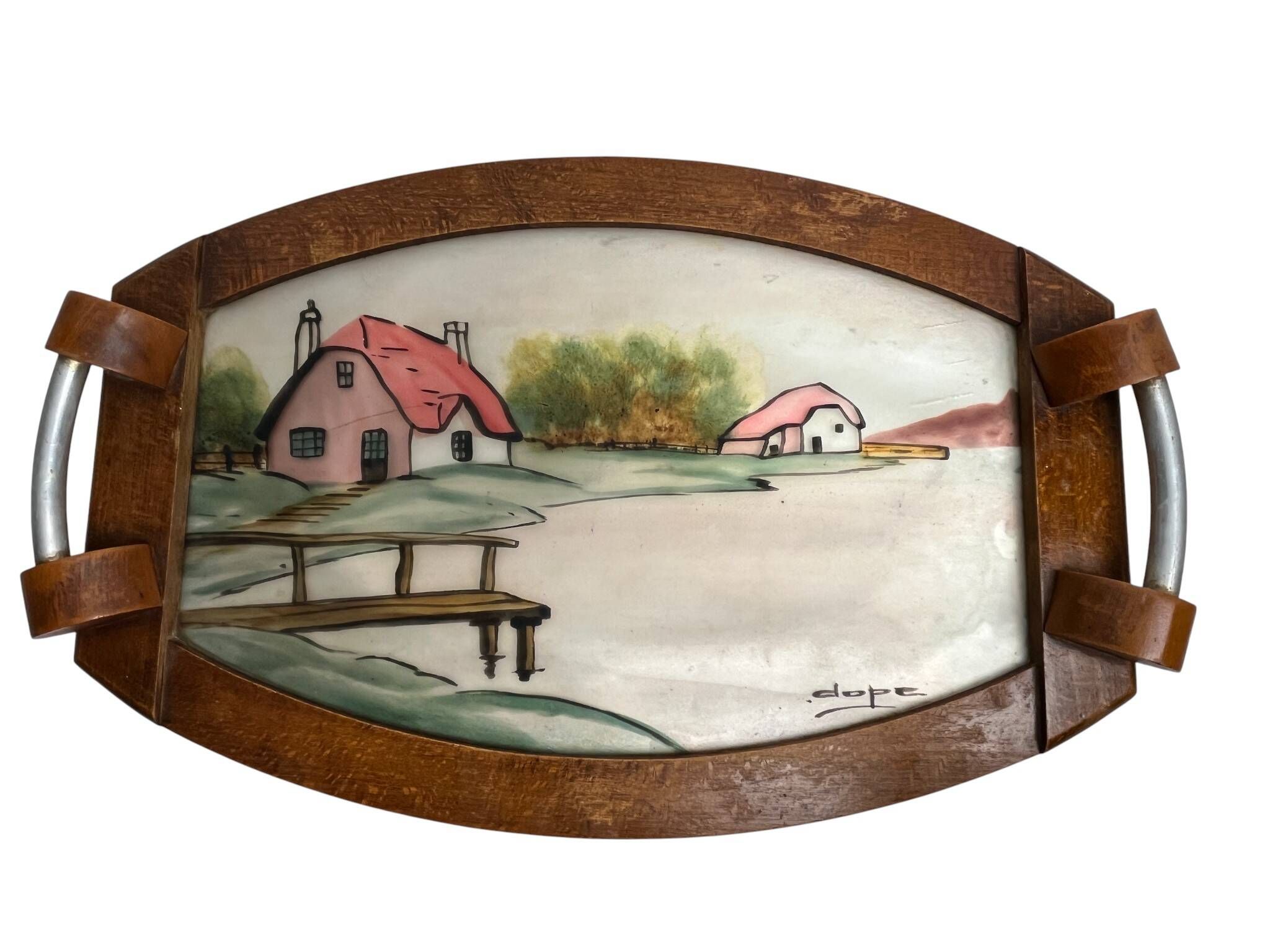 Art Deco, painted glass top, wooden frame, signed Dope, circa 1930