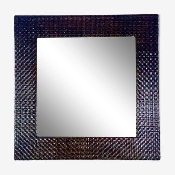 Miroir carré encadrement en tressage cuir marron 100 cm x 100 cm design italien