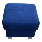 Mid-century blue fabric ottoman stool, 1950s compact modernist design.