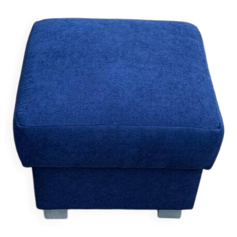 Mid-century blue fabric ottoman stool, 1950s compact modernist design.