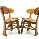 French Modern 3-Legged Chairs & Table in Solid Oak, 1970s