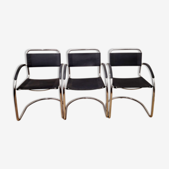 Three armchairs in black leather and steel tube
