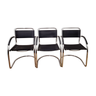 Three armchairs in black leather and steel tube