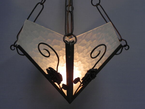 Suspension art déco avec 4 plaques de verre nuageuses