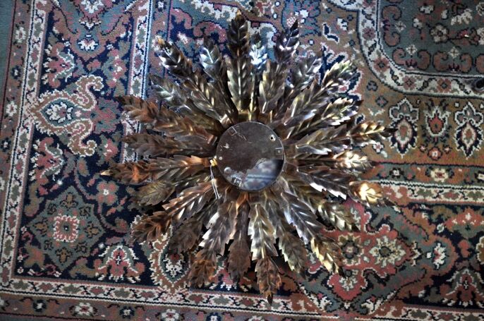 Floral wall lamp sun, golden metal, italy, 1970