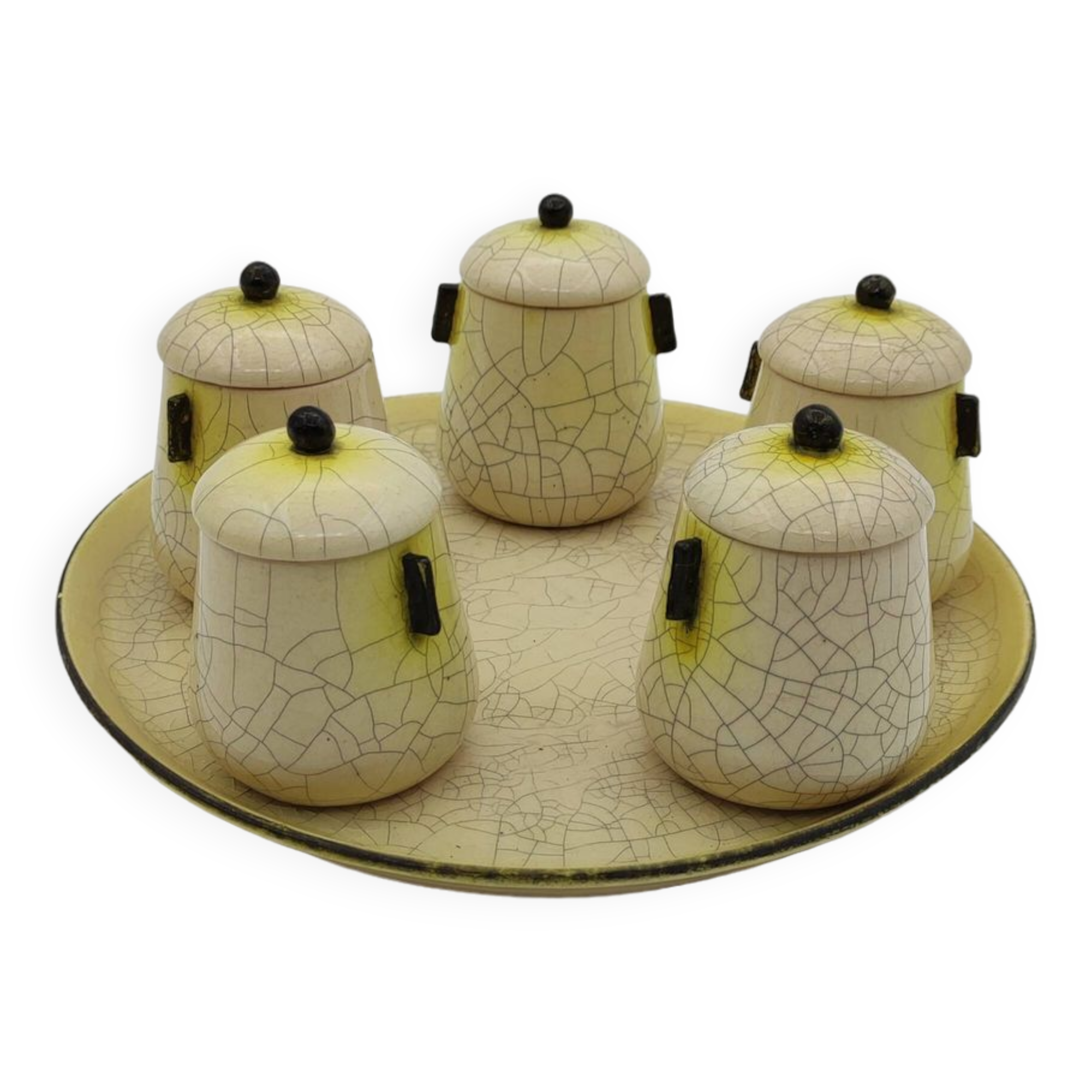 5 ceramic pots and tray Jean Maubrou Puisaye