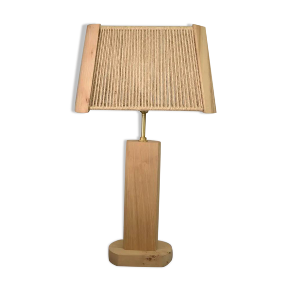 Lampe brutaliste en orme et chêne massif et abat-jour en cordage, 1980