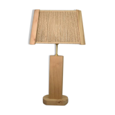 Lampe brutaliste en orme et chêne massif et abat-jour en cordage, 1980