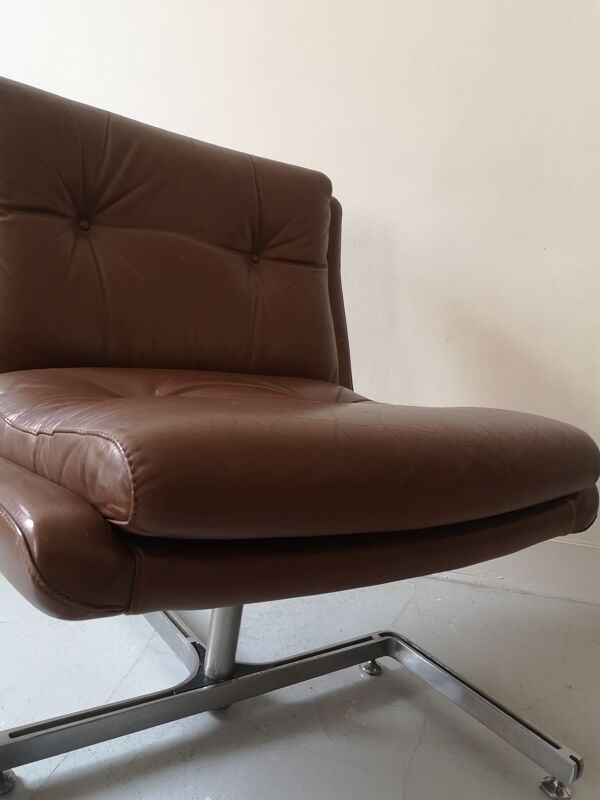 fauteuil En cuir Capitonné Camel Et Metal, Raphael Raffel 1970