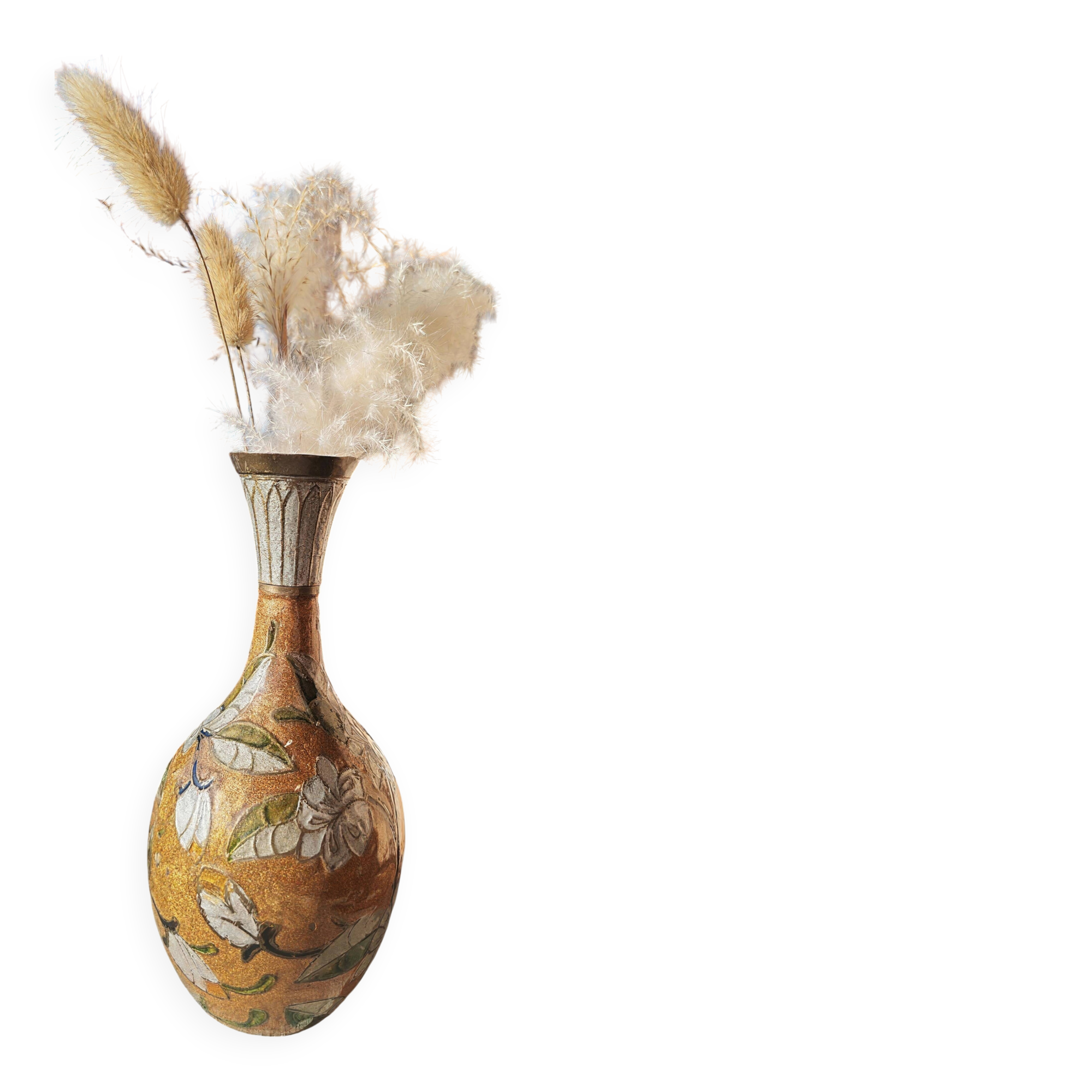 Antique oriental metal vase – floral decoration – vintage