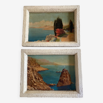 Paysage de mer côte Amalfi paire d'huiles sur bois Italie 1949