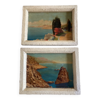 Sea landscape Amalfi coast pair of oils on wood Italy 1949