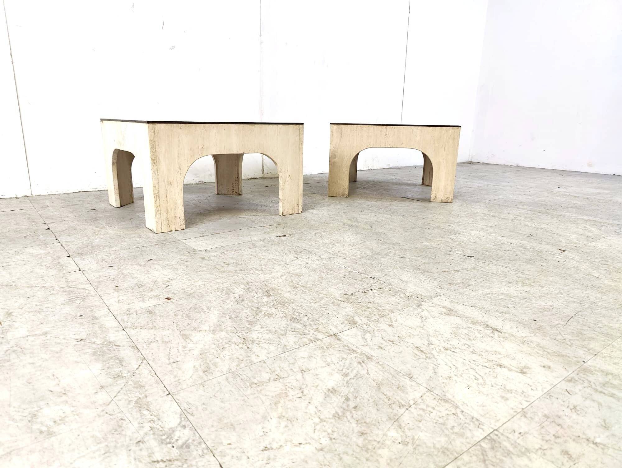 Pair of travertine and brass coffee tables, 1970s