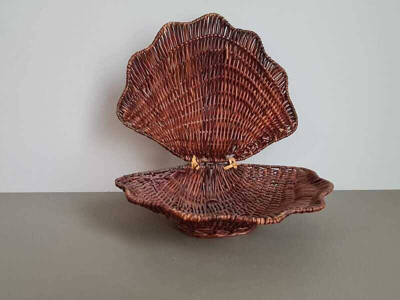Vintage wicker shell basket, French bohemian decoration.