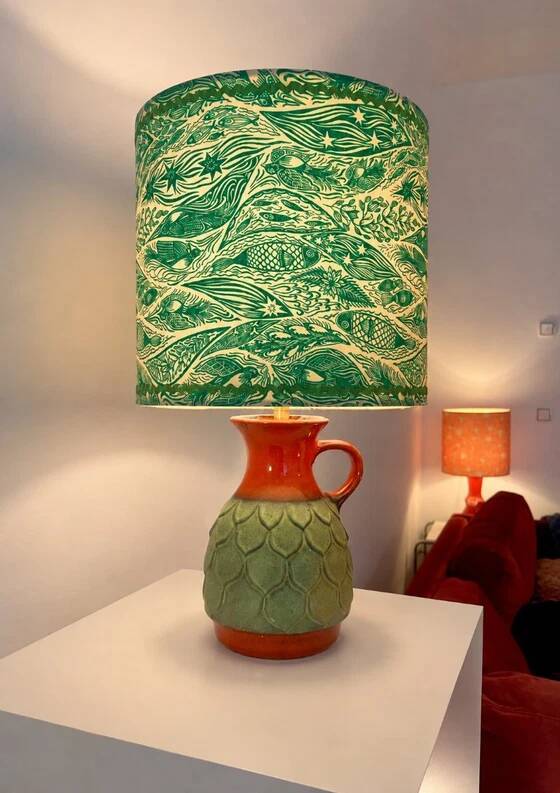 Wireless Jasba table lamp - West German pottery with fish decor | 41 cm