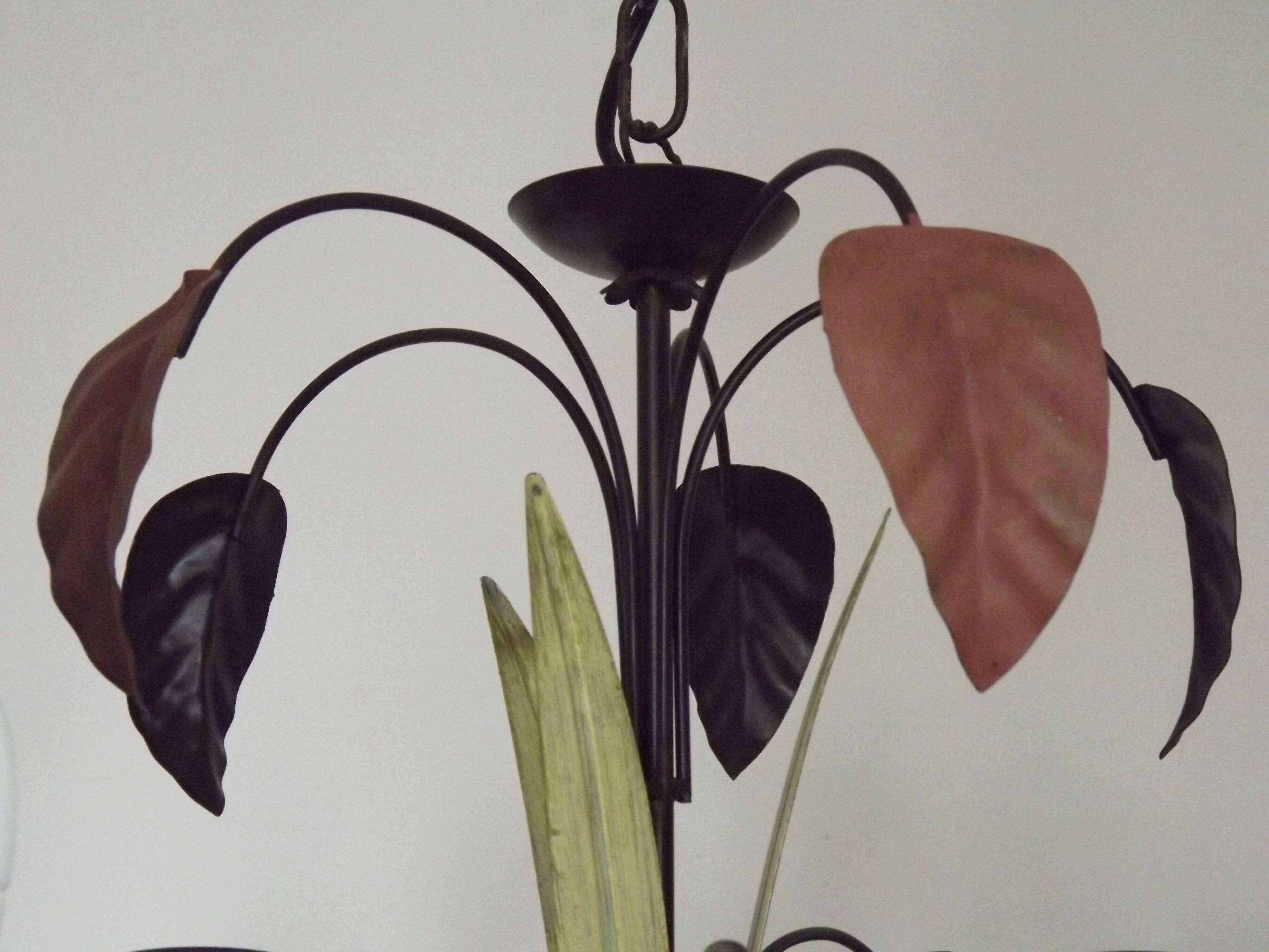 French Vintage 5 Light Brown & Green Tied Boquet Leaf Chandelier